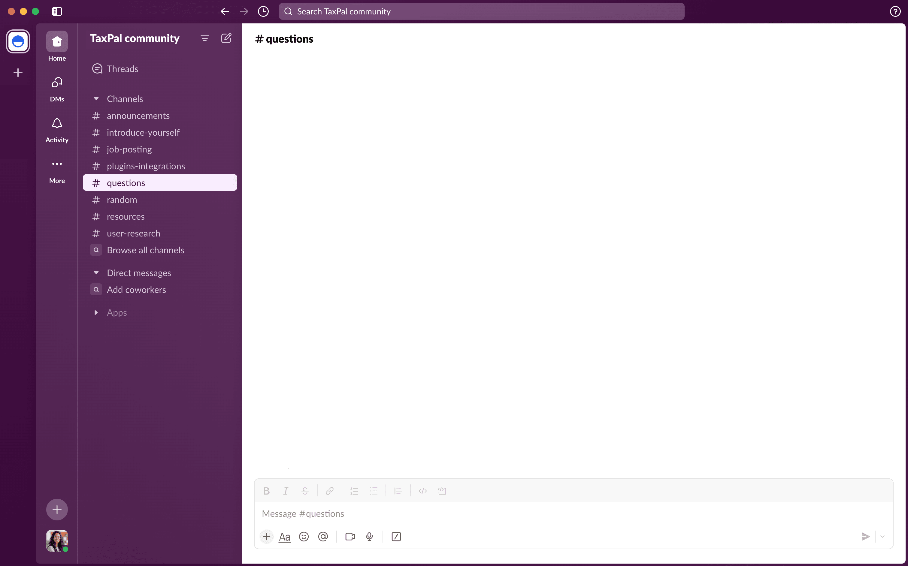 Interface of the Slack desktop app